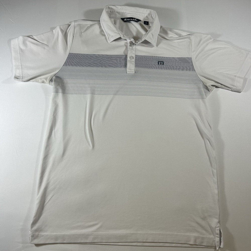 TravisMathew Polo Shirt Mens Medium White Blue Stripe Golf Performance Stretch